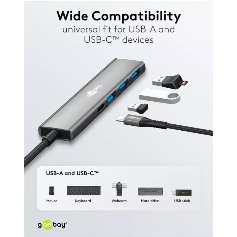 Goobay Slim 4-Port USB Hub USB-C į USB-A 5 Gbit/s - 1x USB-C, 3x USB-A (76562)
