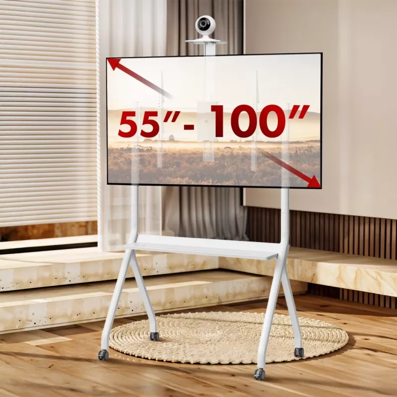 Grindinis stovas televizoriui MACLEAN MC-114 W, 55–100 colių, baltas, VESA iki 900x600, maks. apkrova 120 kg, aukštis 115–152 cm, lentyna