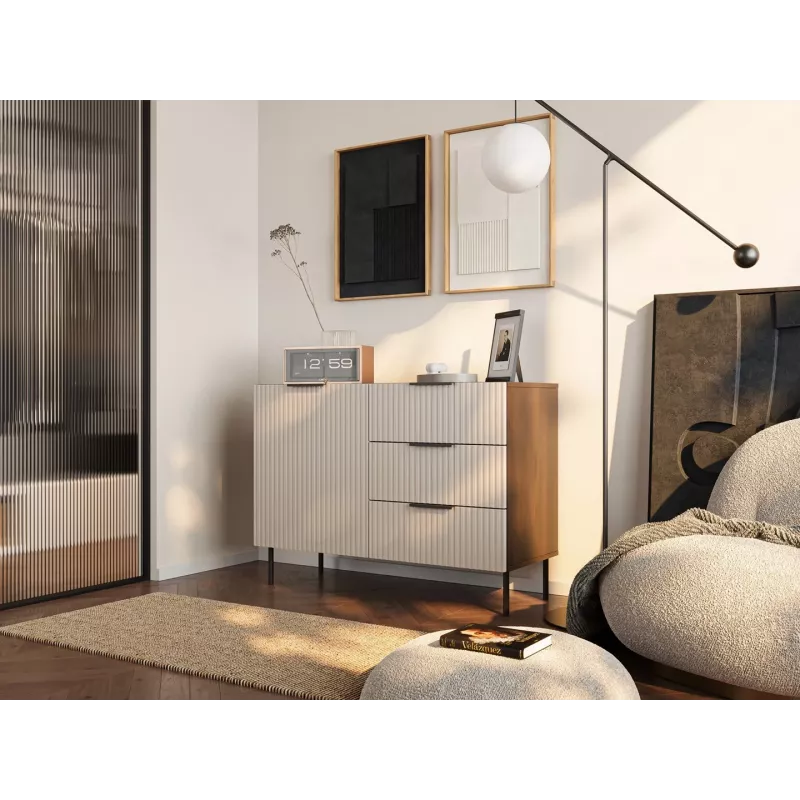 Komoda Cama Meble ALMERA 104x42x75 cm, riešutas/kreminė, 3 stalčiai, medžio drožlių plokštė