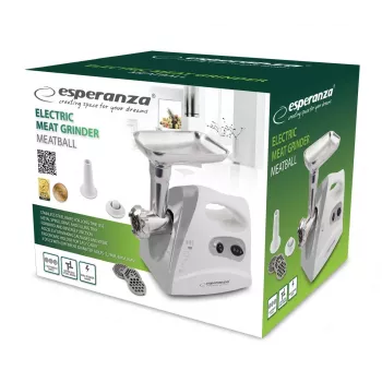 Elektrinė mėsmalė ESPERANZA EKM012E 600 W, pilka, 2,6 kg, atbulinė eiga, dešrų antgalis, kebabo gaminimo įtaisas