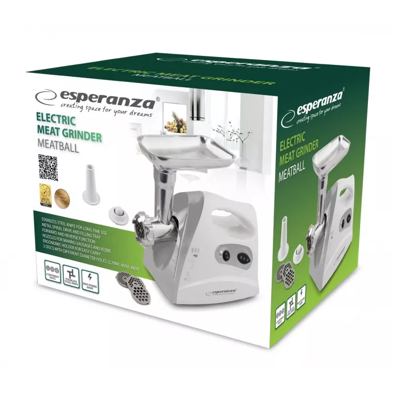 Elektrinė mėsmalė ESPERANZA EKM012E 600 W, pilka, 2,6 kg, atbulinė eiga, dešrų antgalis, kebabo gaminimo įtaisas