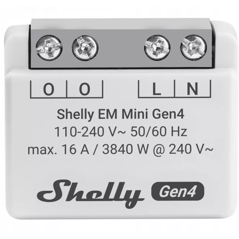 „Shelly Relay EM Mini Gen4“ išmanioji relė 1 kanalas Wi‑Fi Matter Zigbee Bluetooth 8A, 110–240V, energijos matuoklis