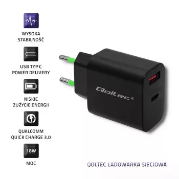 Maitinimo adapteris Qoltec 51713, 18 W, USB Type-C, juodas