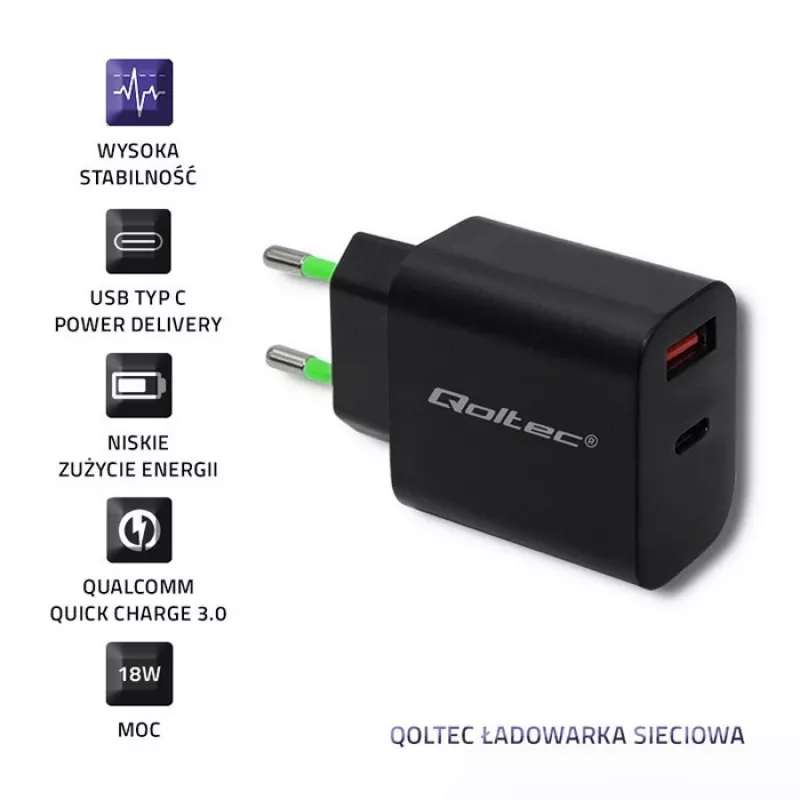 Maitinimo adapteris Qoltec 51713, 18 W, USB Type-C, juodas