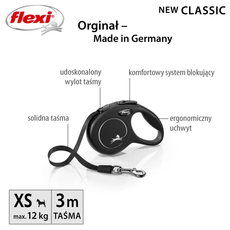 Flexi New Classic Cat XS 3 m – atsitraukiamas pavadėlis su virvele mažiems augintiniams, juodas, maks. apkrova 8 kg