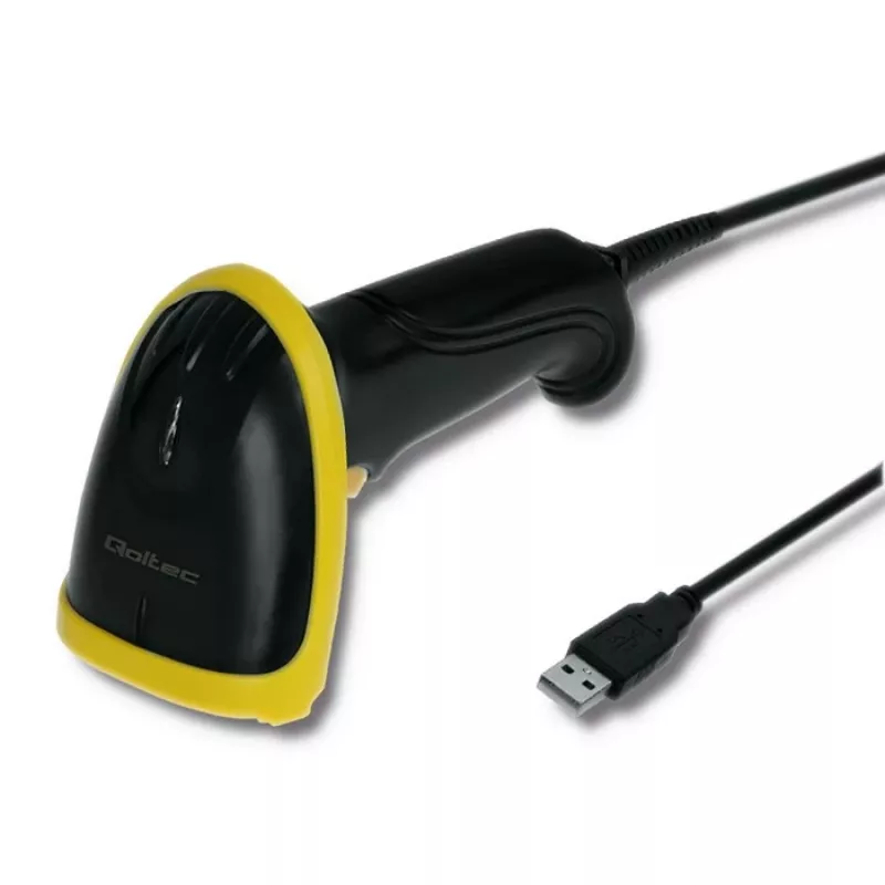 Rankinis brūkšninių kodų skaitytuvas QOLTEC 50867 — 1D/2D lazerinis, USB laidinis, 600 mm diapazonas, geltona/juoda
