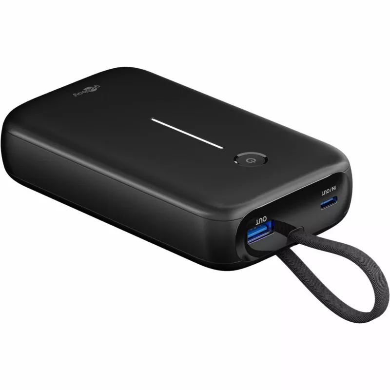 Powerbank 20 000 mAh su integruotu USB-C laidu 13 cm, 30 W, juodas, 20 Ah, 1x USB-A, 2x USB-C, PD, QC