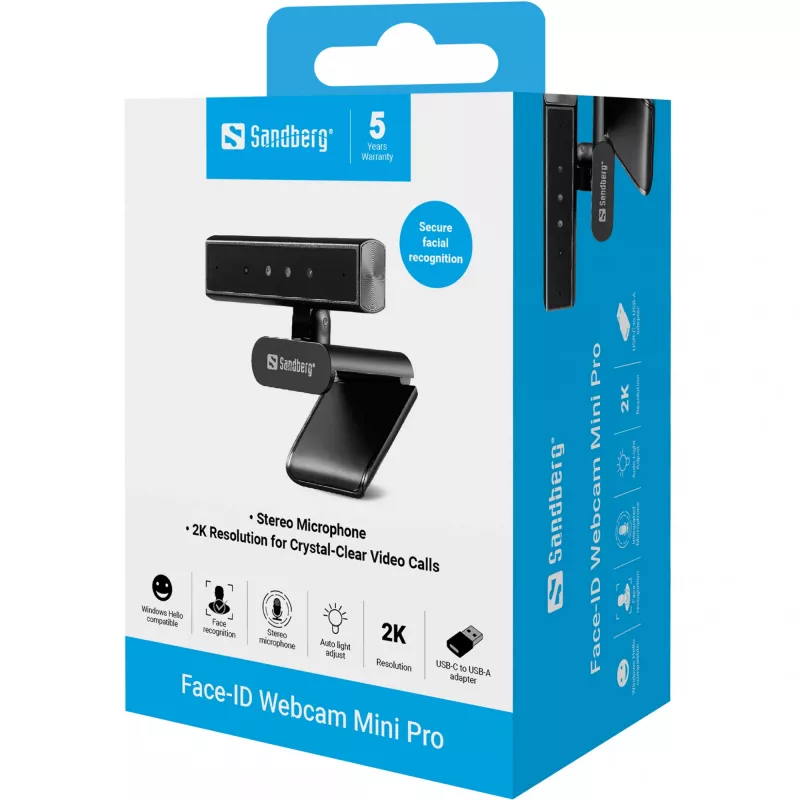 Sandberg 134-44 Face-ID internetinė kamera Mini Pro, 5 MP, 2K, USB-C, juodos spalvos