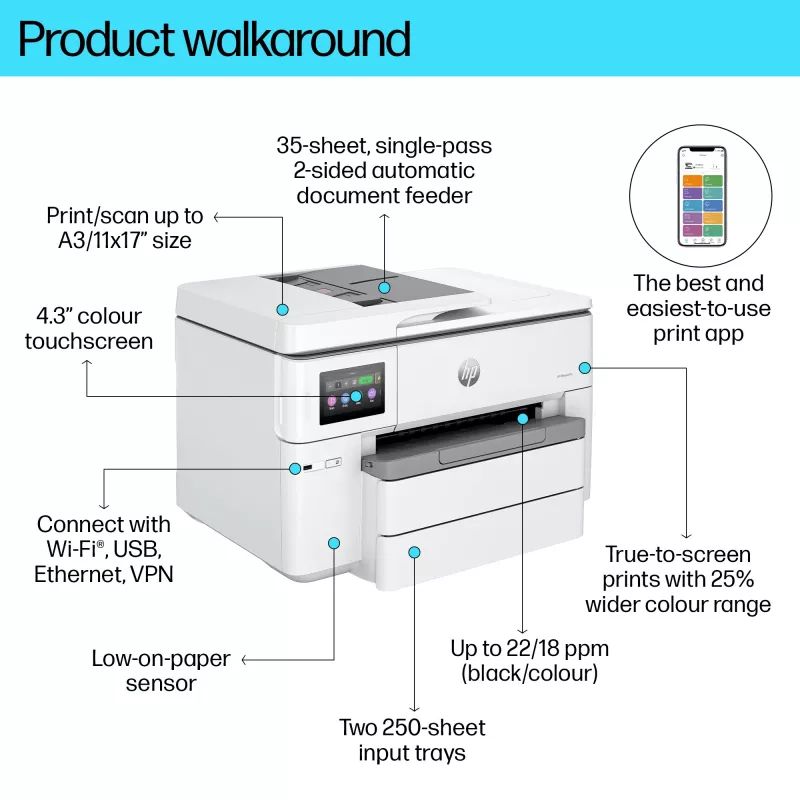 HP OfficeJet Pro 9730e belaidis viskas viename spalvotas spausdintuvas, Instant Ink; dvipusis spausdinimas