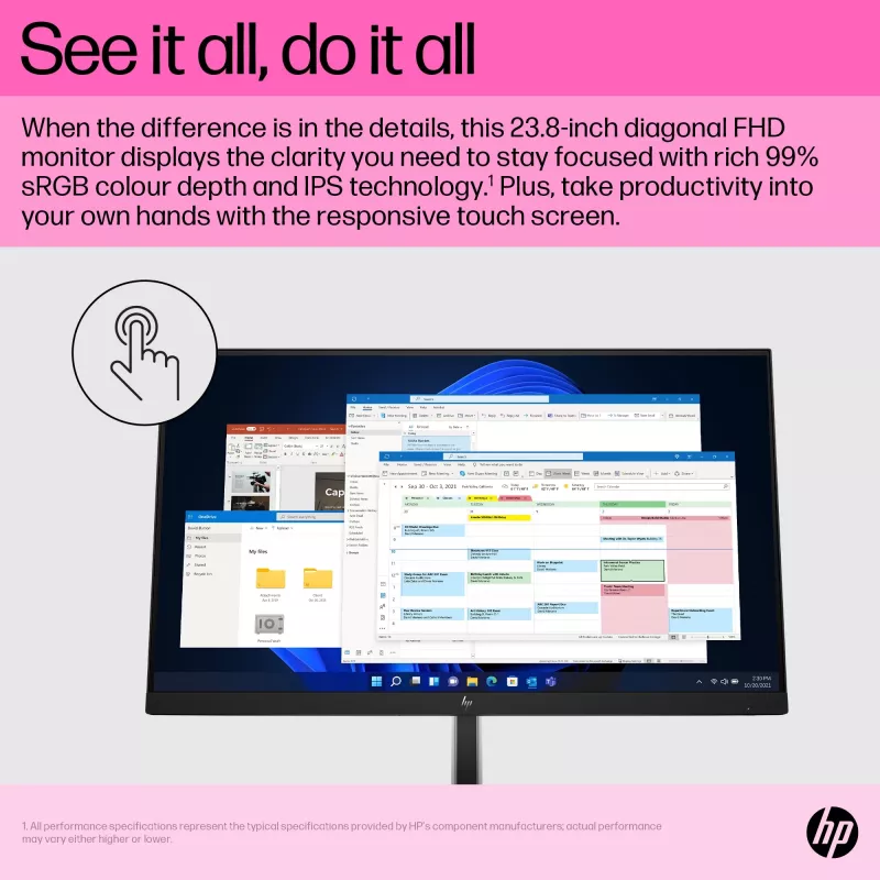 HP E24t G5 FHD lietimui jautrus monitorius, 60,5 cm (23,8 colio), 1920 x 1080 pikselių, Full HD, LCD, 5 ms, juodas