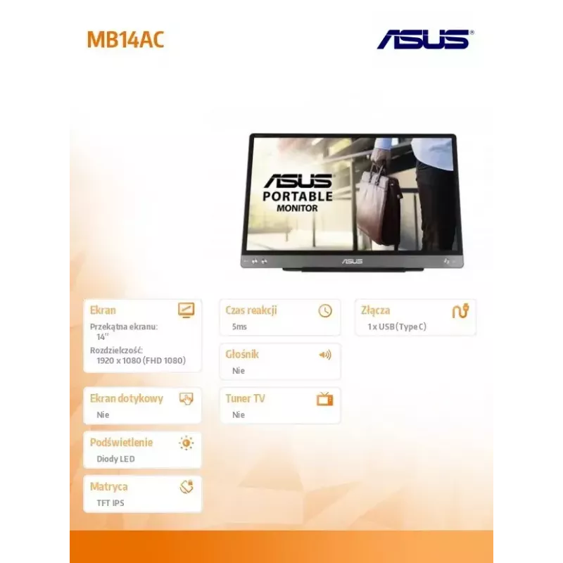 ASUS MB14AC nešiojamas monitorius 35,6 cm (14 colių) 1920 x 1080 pikselių Full HD pilkas