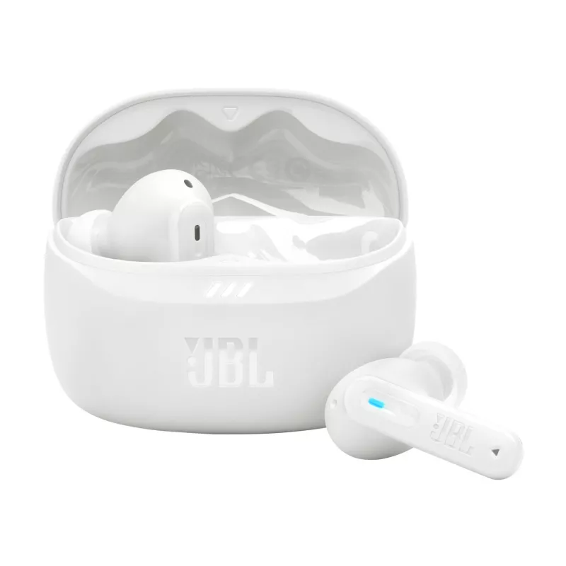 JBL Tune Beam 2 belaidės ausinės į ausį, baltos, triukšmo slopinimas, Bluetooth