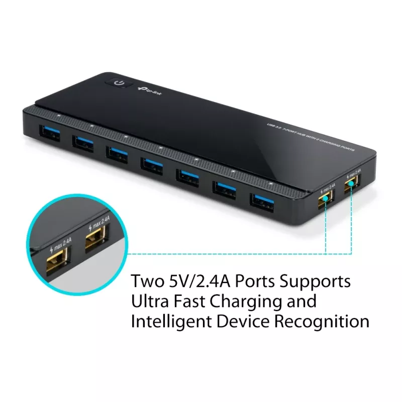 TP-Link UH720 USB 3.2 Gen 1 (3.1 Gen 1) Micro-B 7 prievadų USB šakotuvas su 2 įkrovimo prievadais, 5000 Mbit/s, juodas