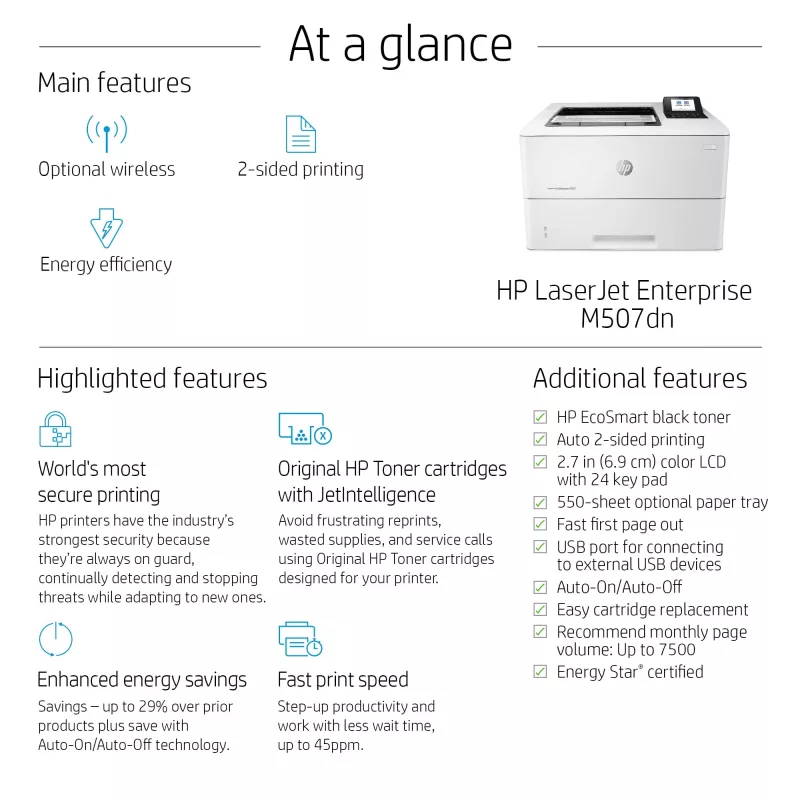 HP LaserJet Enterprise M507dn, lazerinis, 1200 x 1200 DPI, A4, 43 ppm, dvipusis spausdinimas, paruoštas tinklui