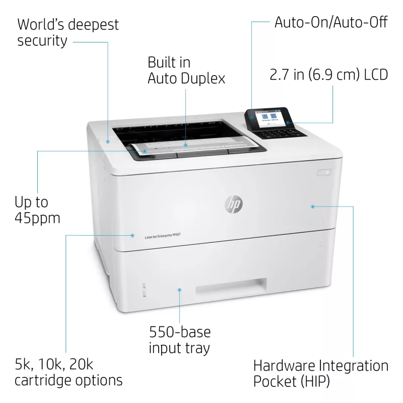 HP LaserJet Enterprise M507dn, lazerinis, 1200 x 1200 DPI, A4, 43 ppm, dvipusis spausdinimas, paruoštas tinklui