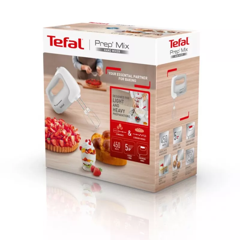 Rankinis plaktuvas Tefal Prep'Mix HT450B — 450 W, 5 greičių, turbo, metaliniai plaktuvai, baltas