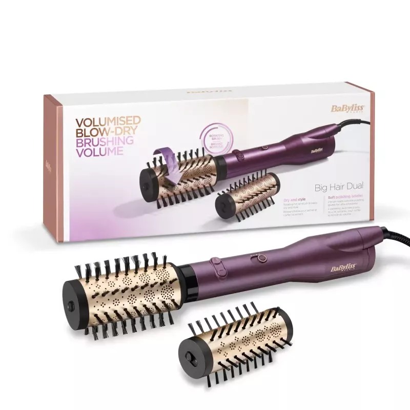 Karšto oro šepetys BABYLISS Big Hair Dual AS950E — 650 W, 2 šildymo lygiai, 5 cm cilindras, 2 šepečių antgaliai, 2,5 m laidas, Violetinė/Rožinis auksas/Juoda
