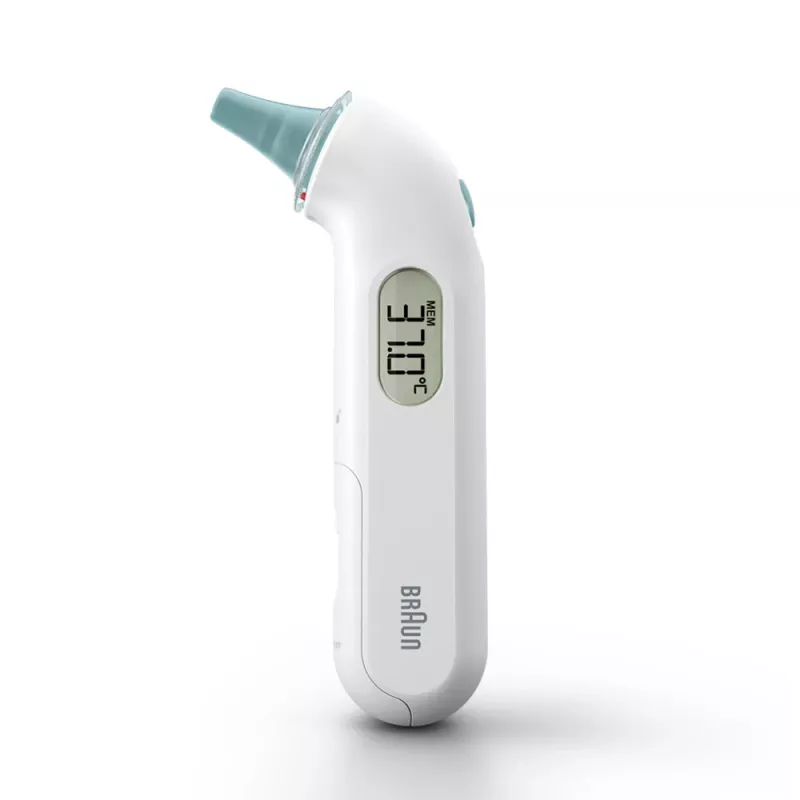 Ausinis kontaktinis termometras BRAUN ThermoScan 3 IRT3030 — matavimas 34–42,2 °C, 1 s, LCD, garsinis signalas, baltas