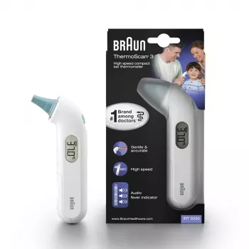 Ausinis kontaktinis termometras BRAUN ThermoScan 3 IRT3030 — matavimas 34–42,2 °C, 1 s, LCD, garsinis signalas, baltas
