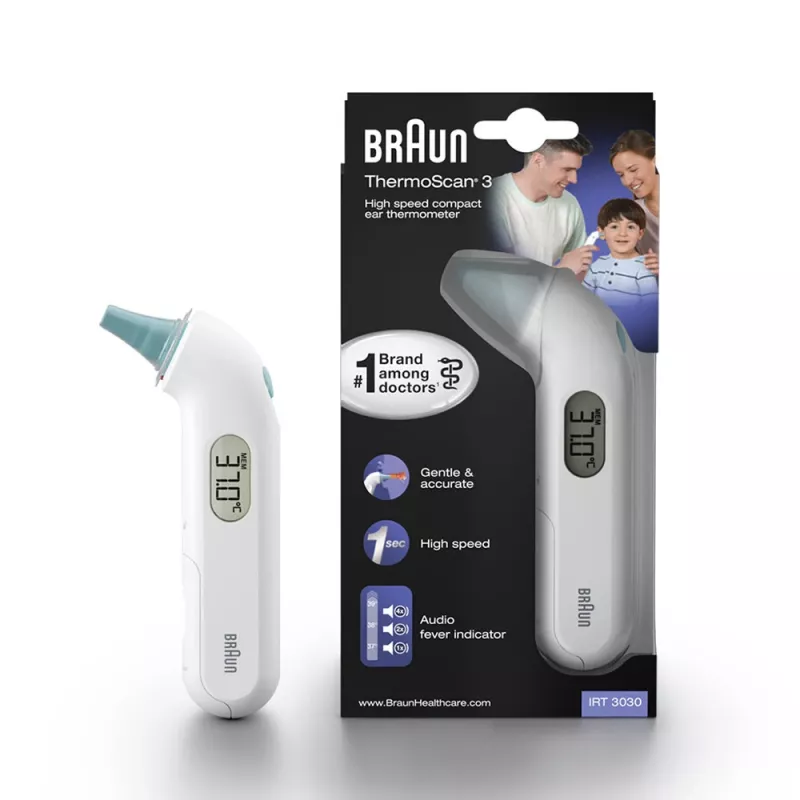 Ausinis kontaktinis termometras BRAUN ThermoScan 3 IRT3030 — matavimas 34–42,2 °C, 1 s, LCD, garsinis signalas, baltas