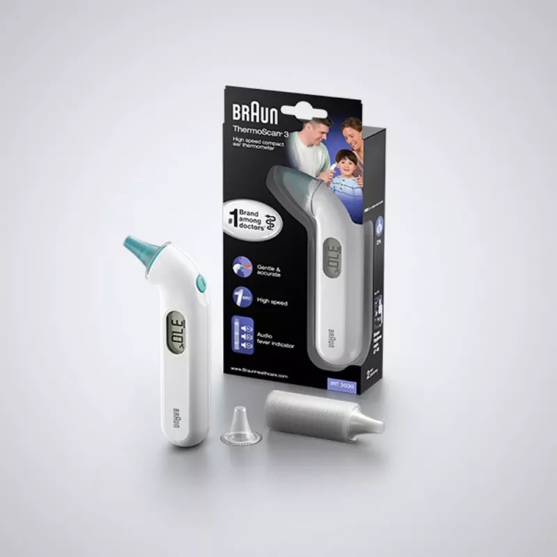 Ausinis kontaktinis termometras BRAUN ThermoScan 3 IRT3030 — matavimas 34–42,2 °C, 1 s, LCD, garsinis signalas, baltas