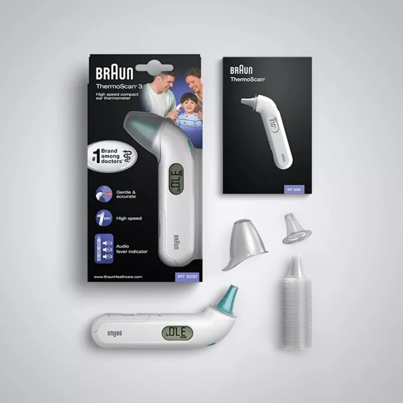 Ausinis kontaktinis termometras BRAUN ThermoScan 3 IRT3030 — matavimas 34–42,2 °C, 1 s, LCD, garsinis signalas, baltas
