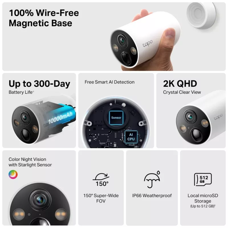 TP-Link Tapo belaidė lauko apsaugos kamera, 2K QHD, IP66, magnetinis laikiklis