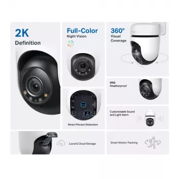 TP-Link Tapo C510W lauko / vidaus PTZ IP stebėjimo kamera, 2K, 360°, naktinis matymas, belaidė, IP65, balta/juoda