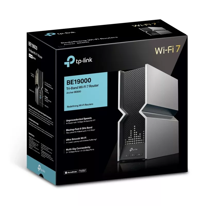 TP-Link Archer BE19000 Tri-Band Wi-Fi 7 maršrutizatorius, Wi-Fi 7 (802.11be), trijuostis (2,4 GHz / 5 GHz / 6 GHz), Ethernet LAN, juodas, nerūdijantis plienas, stalinis maršrutizatorius