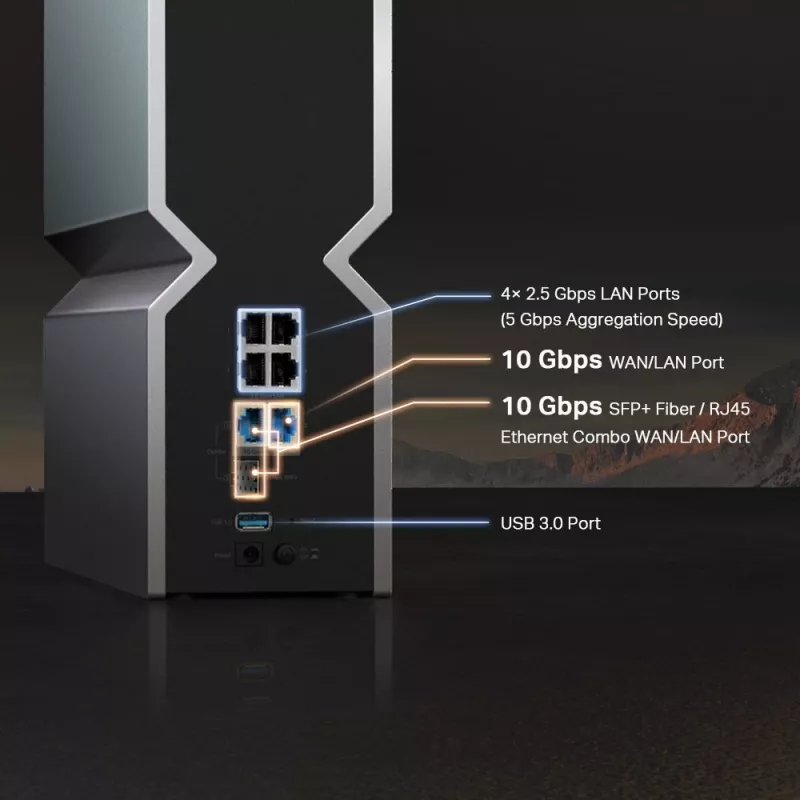 TP-Link Archer BE19000 Tri-Band Wi-Fi 7 maršrutizatorius, Wi-Fi 7 (802.11be), trijuostis (2,4 GHz / 5 GHz / 6 GHz), Ethernet LAN, juodas, nerūdijantis plienas, stalinis maršrutizatorius