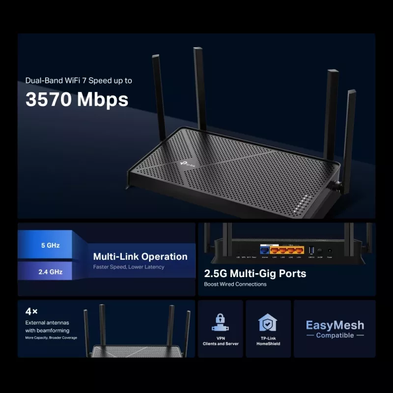 TP-Link Archer BE230 belaidis maršrutizatorius 2.5 Gigabit Ethernet dviejų juostų (2.4 GHz / 5 GHz) Juodas