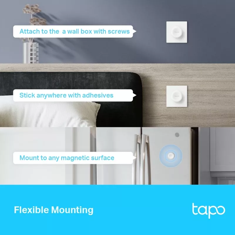 TP-Link Tapo S200D išmanusis nuotolinio valdymo pritemdytuvas, išorinis, mygtukai ir sukamoji rankenėlė, CR2032 elementas, baltas