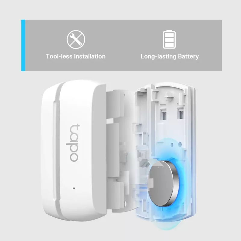 TP-Link Tapo belaidis kontaktinis jutiklis, baltas, 922 MHz, durims/langams, 0–40 °C, CR2032