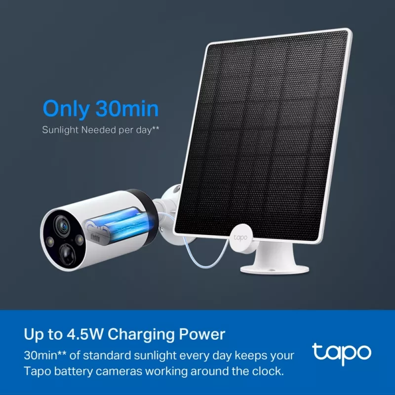 TP-Link Tapo A200 saulės baterijos skydelis, 4,5 W, 5,2 V, 0-360°, IP65, Micro-USB, skirtas Tapo C425, C420, C400