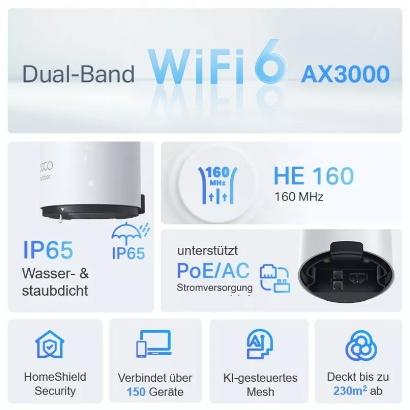 TP-Link Deco X50-Outdoor AX3000 lauko / vidaus belaidis maršrutizatorius su Wi-Fi 6 ir tinklo valdymu
