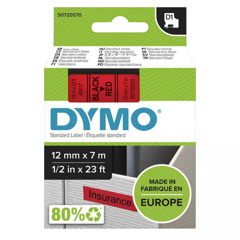 DYMO D1 etikečių juosta | juodas spaudinys ant raudonos juostos | 12 mm x 7 m | lipnios etiketės LabelManager žymekliams | pagaminta Europoje