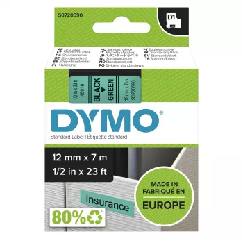 DYMO Authentic D1 Etiketės | Juodas Spausdinimas Ant Žalios Juostos | 12 mm x 7 m | Lipnios Etiketės LabelManager Etikečių Spausdintuvams | Pagaminta Europoje