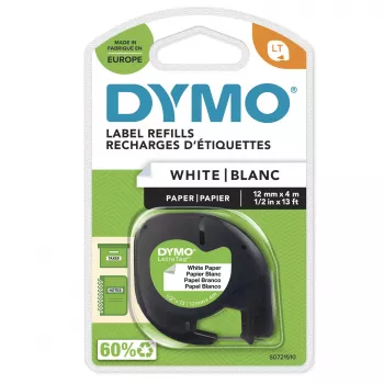 DYMO LetraTag popierinės etiketės | Autentiškos | 12 mm x 4 m ritinys | Juodas spausdinimas ant balto | Lipnios universalios etiketės, skirtos LetraTag etikečių spausdintuvams | Pagaminta Europoje