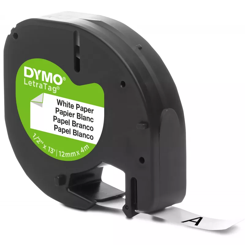 DYMO LetraTag popierinės etiketės | Autentiškos | 12 mm x 4 m ritinys | Juodas spausdinimas ant balto | Lipnios universalios etiketės, skirtos LetraTag etikečių spausdintuvams | Pagaminta Europoje