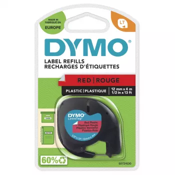 DYMO LetraTag plastikinė etikečių juosta | 12 mm x 4 m | juodas spaudinys ant raudono fono | lipnios etiketės