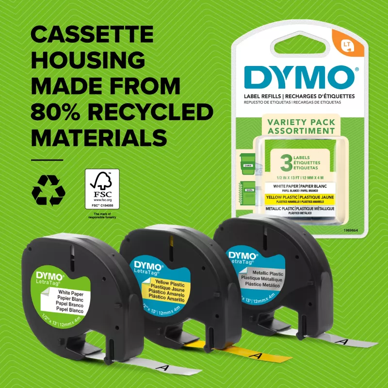 DYMO LetraTag plastikinė etikečių juosta | 12 mm x 4 m | juodas spaudinys ant raudono fono | lipnios etiketės