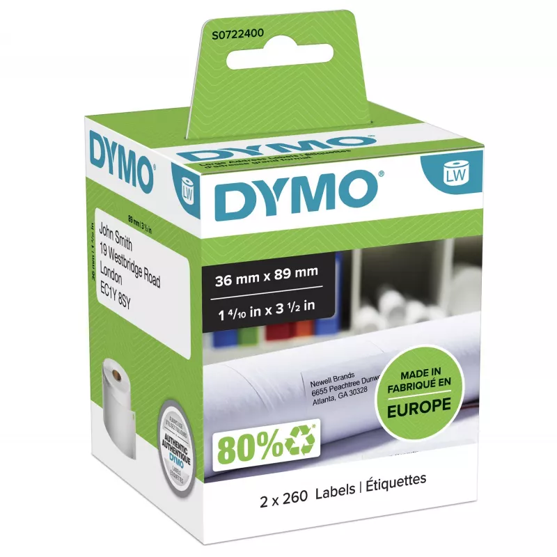 DYMO Authentic LabelWriter dideli adresų lipdukai | 36 mm x 89 mm | lipnūs | 2 ritės po 260 (520 lengvai nuplėšiamų lipdukų) | LabelWriter etikečių spausdintuvams | Pagaminta Europoje