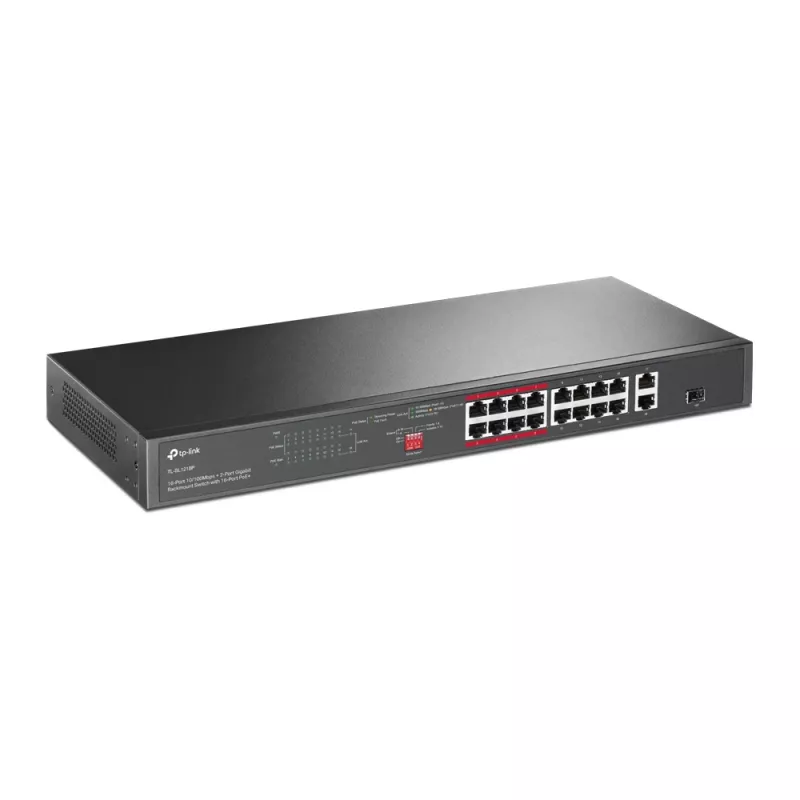 TP-Link TL-SL1218P 16 prievadų 10/100 Mbps + 2 prievadų Gigabit montuojamas į stelažą PoE komutatorius su 16 PoE+ prievadų