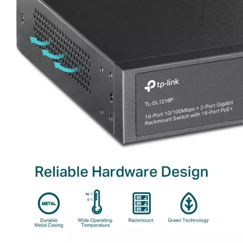 TP-Link TL-SL1218P 16 prievadų 10/100 Mbps + 2 prievadų Gigabit montuojamas į stelažą PoE komutatorius su 16 PoE+ prievadų