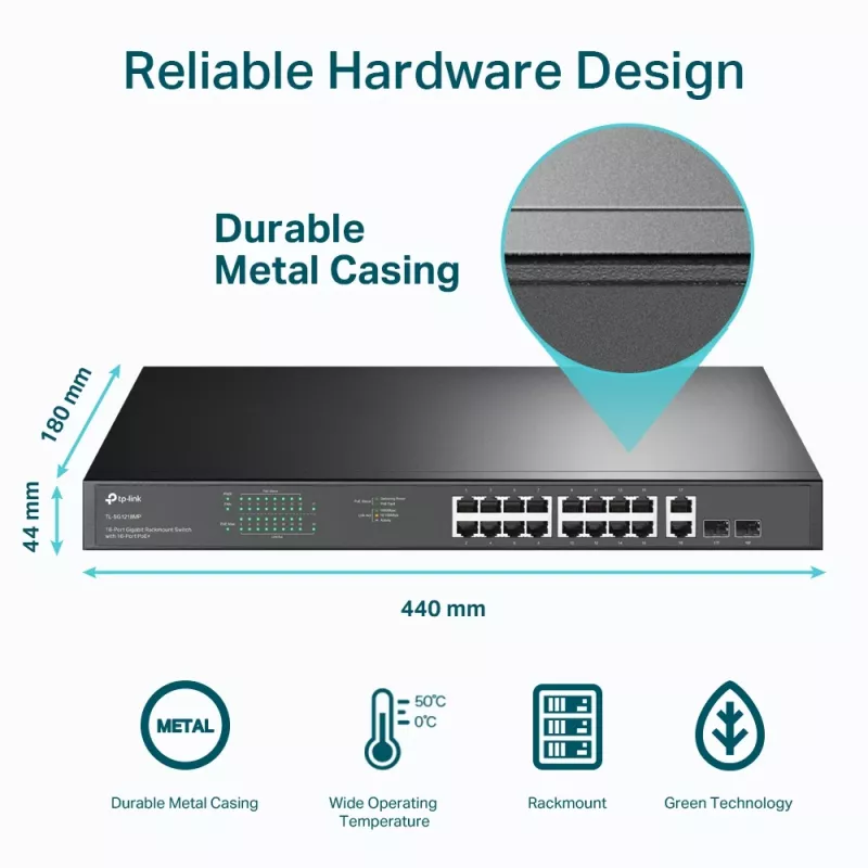 TP-Link TL-SG1218MP 18 prievadų Gigabit tinklo jungiklis su 16 PoE+, nevaldomas, 1U