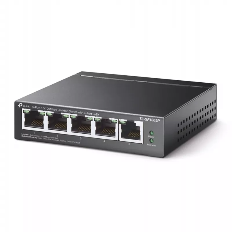 TP-Link 5 prievadų 10/100Mbps stalinis PoE komutatorius su 4 PoE prievadais, nevaldomas, Fast Ethernet, pilnas dupleksas
