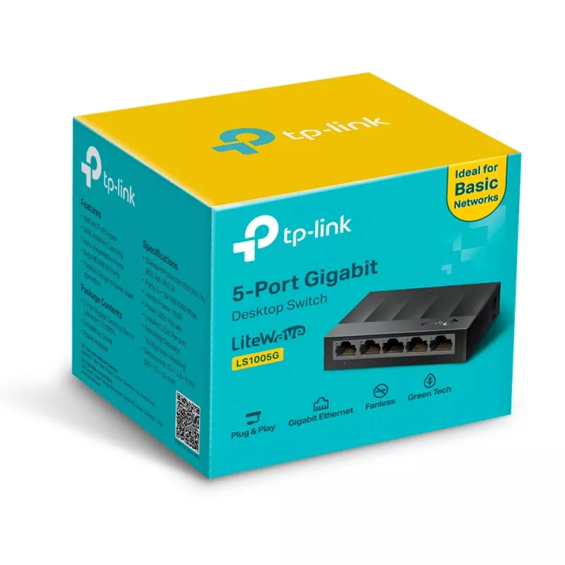 TP-Link LS1005G 5 prievadų 10/100/1000Mbps stalinis tinklo jungiklis, nevaldomas, Gigabit Ethernet, montuojamas ant sienos