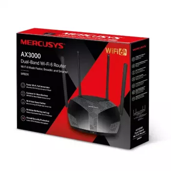 Stalinis maršrutizatorius MERCUSYS MR80X — Dviejų juostų Wi‑Fi 6 (802.11ax), 3000 Mbps, 4 išorinės antenos, 3 Gigabit LAN prievadai