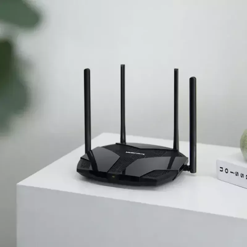 Stalinis maršrutizatorius MERCUSYS MR80X — Dviejų juostų Wi‑Fi 6 (802.11ax), 3000 Mbps, 4 išorinės antenos, 3 Gigabit LAN prievadai