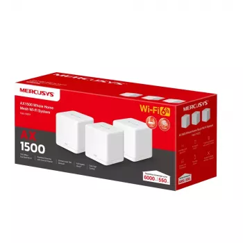 „MERCUSYS Halo H60X“ (3 vnt.) – belaidžio tinklo tinklelio sistema, dviejų juostų „Wi‑Fi 6“, iki 1500 Mbps, aprėptis 550 m², 2× LAN prievadai